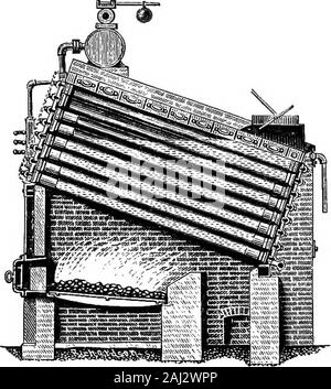 Une histoire de la croissance de la machine à vapeur . Fig. 112.-Wilcoza chaudière Babcock et en coupe. Le feu est pris en vertu de l'avant et à l'extrémité supérieure de thetubes, et les produits de combustion jusqu'thetubes entre dans une chambre de combustion en vertu de la vapeur et de l'waterdrum ; d'où ils passent vers le bas entre les tubes, puis oncemore jusqu'à travers l'espace entre les tubes, et ofE à cheminée. La vapeur est sortie au sommet du tambour-thesteam près de l'extrémité arrière de la chaudière. Le rapidcirculation empêche dans une certaine mesure la formation de de-pose ou des incrustations sur les surfaces de chauffe, un sweepingthem Banque D'Images