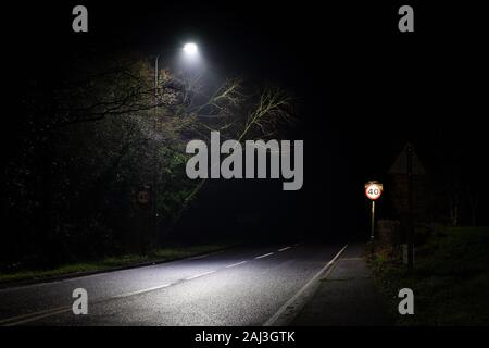 Arbres et 40 mph vitesse limite signe sous lampe de rue au Royaume-Uni pendant la nuit Banque D'Images