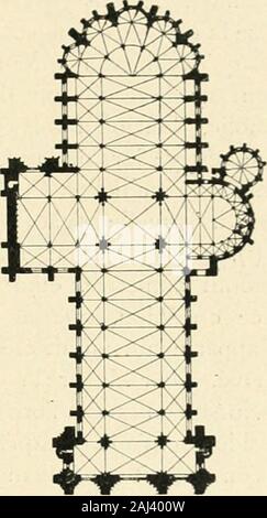 Revue de l'art chrétien . oite supporte la tourachevée ; et celle de gauche se trouve sousla tour inachevée. Deux grandes fenêtres, percées dans les murs de clôture, éclairentce porche adroite et à gauche. La nef de sept travées et présente une douzepiliers seulecolonnette dune cylindriques cantonnés sur la face qui regarde cette nefIls reposent sur des bases heptagonales, etsont couronnés par des chapiteaux ornés de feuillages, ronds, surmontés de tailloirsheptagonaux. Sur ces tailloirs sélèvent, cinqcolonnettes annelées à la hauteur du trifo-rium et des hautes fenêtres, lesquellescolonnettes montent Banque D'Images