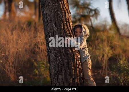 Un petit enfant sur une colline dans la nature qui est un arbre pendant un coucher de soleil en hiver. Banque D'Images