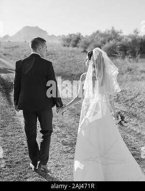 Les mariés sur le terrain main dans la main. Heureux couple holding hands and walking in field sur jour de mariage. Banque D'Images