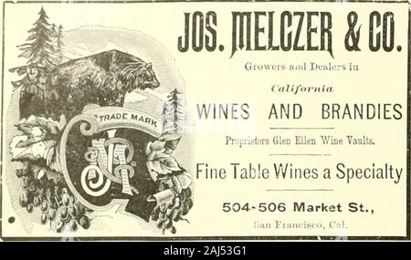 Vin du Pacifique et de l'esprit . 4 Market St, S. F Hé, Grauerholz, & Co., importateurs et grossistes en Vins & Spiritueux. SdLE POUR AOE.NTS - PAVY CROCKETT WHISKY. Être sûr que vous avez raison, alors allez-y. ZIB SACRAMENTO STREET. - - SAN FRANCISCO, cal.. OLIVINA VIGNOBLE. L'OLIViNA comprend 600 acres de Hill^«^^ j|| ; Côté,^ vignoble, situé dans le 1L* FOK SAMILE OltDER. KNTIi SoMCTEli ColMaiKriiSI.BV TlIK r.KnWRIi, JULIUS P. SMITH. ^IJVI HMORE, CAL. B. C. D. HKNAKIK. E. MARTIN & CO., ].MIoliri UHOLES:ilS AXIi.VLE LiIQUOf ? MEJ^^CHAJ TS, 408, rue Front, San Francisco, Californie soi.j : Ai;r.ts I Banque D'Images