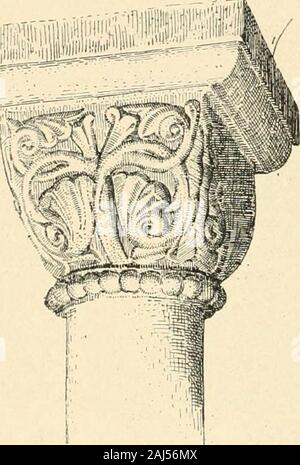 Revue de l'art chrétien . Fig. 22. - Chapiteau cubique ; crypte de Rolduc. corbeille tapissée de feuilles dacanthe, toutegarnie dornements de sculpturesrefouillées, dégagés, que couronnaient régulièrementde petites ou de grandes volutes, saccou-plante sous les angles du tailloir. Le premier mouvement fut dimiter plusou moins servilement ou plus ou moinsgauchement ces chapiteaux, qui de touteantiquité reproduisaient un type consacré  ; ce parti fut très adopted and dansle Midi de la France. Le chapiteau corinthien se maintient jus- quà lépoque romane presque dans son inté-grité. Les chapitea Banque D'Images