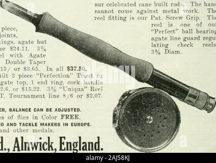 Rod and Gun . ES DE DEUX TRUITES UTILES TENUES (1) 9 à 12 pi. canebuilt ou truite de la tige basse, 3 pièces,2 tops, pat. lockfast,joints poignée en liège, l'amélioration de l'agencement, l'agate butand fin sonne-£4.19.0 ou $24.11. 3 %parfait sous contrat avec AgateLine Guard €2. ou 9.T4. TaperCorona Double ligne 35 yards, 15/ ou $3.65. Dans tous les 37,50 $ (2) 9 à 12 pi 2 canne construit la perfection pièce crBass Trout Rod, commune d'aspiration, 1 haut agate fin anneau, handlewith liège pat. Poignée à vis, £3.2.6. ou $15.22. 3 % Lniqua RoellS/6 ou $4.50. 3 oz. D. T. ligne Tournoi 8/6 ou 2,07 $.Dans tous les $21.79. Envoyer de l'argent portant sur l'ordre, l'équilibre peut Banque D'Images