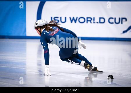 Dresde, Allemagne, Février 03, 2019 : Jamie Jurak de USA fait concurrence au cours de l'ISU de patinage de vitesse courte piste coupe du monde Banque D'Images