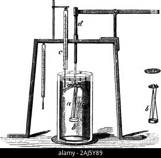 Le charbon ; son histoire et utilisations . d pour un poids connu de l'eau. Si l'expérience est menée de façon qu'aucune chaleur n'est perdu,alors que le corps est brûlant, et que l'augmentation de l'temperatureof l'eau peut être correctement mesuré, les résultats d'greataccuracy peut être obtenu. Différents observateurs haveadopted différentes méthodes expérimentales, mais il besufficient pour décrire celle employée par le professeur Andrews. ofBelfast L'appareil qu'il a utilisé est représenté à la Fig. 50. Itconsisted d'un navire fait de cuivre mince (a) la capa-cité de qui était d'environ trois ans et demi .pintes. - Thiswas rempli d'oxygène et la substan Banque D'Images