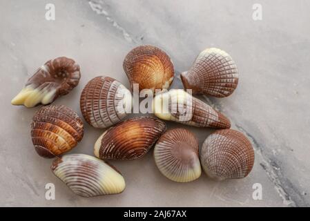 Assortiment de pralines au chocolat sucré avec concept mer sur fond brun Banque D'Images