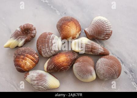 Assortiment de pralines au chocolat sucré avec concept mer sur fond brun Banque D'Images