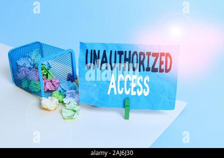 Main conceptuel écrit, indiquant les accès non autorisés. Signification du concept l'utilisation d'un ordinateur ou réseau sans permission corbeille papier froissé clothesp Banque D'Images