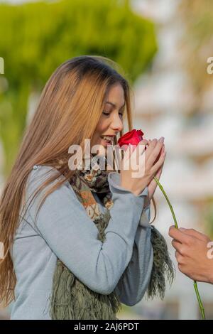 Belle jeune femme souriante sent une rose rouge qui est donné à son sur un arrière-plan flou. Concept de la Saint-Valentin. Banque D'Images