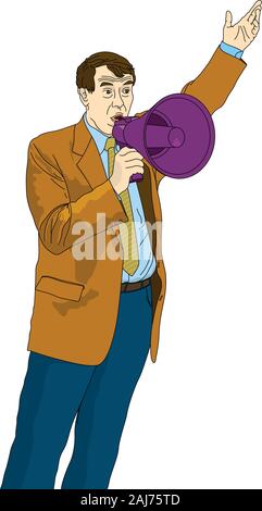 Homme mature en costume et cravate parler à travers un mégaphone violet avec bras gauche levé sur fond blanc. Image vectorielle Illustration de Vecteur