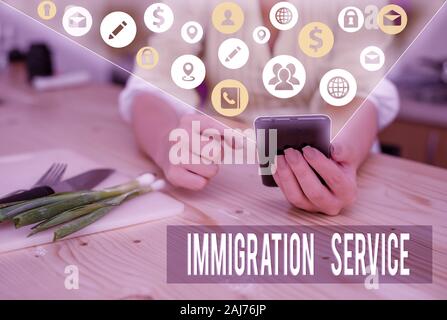 Main conceptuel écrit, indiquant l'Immigration Service. Sens Concept responsable de droit concernant les immigrants et l'immigration Banque D'Images