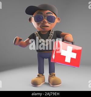 3d Cartoon rapper hiphop noir Casquette de baseball en tenant une première urgence aide kit de paramédic, illustration 3D render Banque D'Images