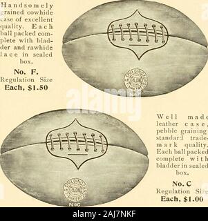 Spalding's comment jouer au foot ball ; . dans la vessie boîte scellée ;°°^^^u JJ^^^^^^^^^^^^•P^^^e madrures.. Chaque balle paniers-wibrass complète pour les oeillets et laçage madethroughout considérablement. Chacun, 1,25 $/inrougnout. N° S, taille réglementaire nouveau YorkBostonSt. Louis A. C. SPALDING & BROS. Baltimore Chicago Minneapolis Philadelphie Denver Buffalo London, Angleterre San FranciscoKansas CityMontreal, Can. Handsomelygrained cowhidecase pied Rugby Balles d'excellentquality. Paniers-Eachball com-complet avec blad-der et dans rawhidelace sealedbox. F. Règlement n° SizeEach, 1,50 $. Bien madeleather,cas pebble gra Banque D'Images