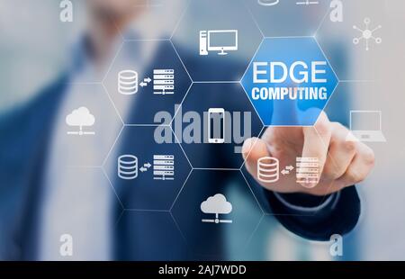 La technologie informatique de pointe avec l'exécution de réseau distribué de calcul et de stockage de données près de l'utilisateur au lieu de dans le cloud, un service internet pour Banque D'Images