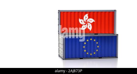 Conteneur avec Hong Kong et drapeau de l'Union européenne. Le Rendu 3D Banque D'Images