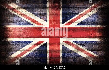 British Union Jack flag peint sur old plank mur sombre Banque D'Images