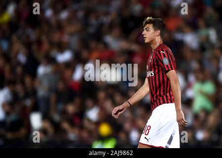 Cesena, Italie. 17 août, 2019 : Daniel Maldini de l'AC Milan a l'air sur l'avant-saison lors d'un match de football amical entre Cesena FC et l'AC Milan. Le match s'est terminé dans une égalité de 0-0. Credit : Nicolò Campo/Alamy Live News Banque D'Images