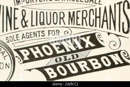 Vin du Pacifique et de l'esprit . [^irQlRMERCI. 4 Market St., S, F Hé, Grauerholz & Co., IMPORTEKH WHOLESALK DEALEKS M) dans les vins et liqueurs. Des AGENTS POUR^cBocK - DAW ft Whisky. Être sûr que vous avez raison, alors allez-y. No 21G SACRAMENTO STREET, - - SAN FRANCISCO, CAL. D. Y. B. Jir.XAKlF.. E. MARTIN & CO.,.IMriH LtlQUOH TKKS ET CHflflTS^ont rencontré de gros, 6-08, rue Front, San Francisco, Californie Des AGENTS POUR J. F. CUTTER ET ARGONAUT VIEUX BOURBONS, OLIVINA VIGNOBLE. L'OLIVINA comprend 600 acres de NA Hil f a Banque D'Images