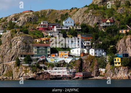 Chambres donnant sur le port de St John's, Terre-Neuve et Labrador, Canada. Les fleurs sont en fleurs en été. Banque D'Images