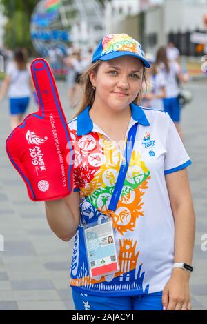 Minsk, Belarus - 21 juin 2019 : bénévole à Minsk jeux européens. Banque D'Images