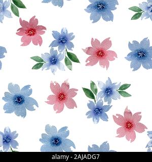 Schéma de répétition sans couture de fleurs bleues et roses, Aquarelle Décoration florale Banque D'Images