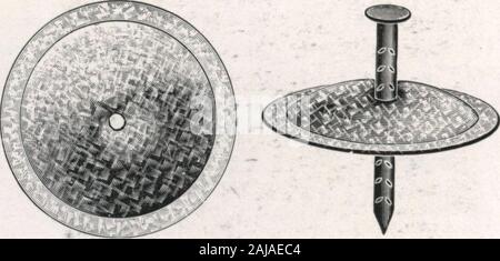 Métaux en feuilles et produits en tôle : no 292 . Livrés en vrac orcan être emballées dans des cartons de 5 lb.. À propos de 325rondelles pour le livre.Un tiers livre onesquare issufficient à appliquer.. Acier galvanisé et 1  % po Tin Y % et 1M po La rouille attaque habituellement un toit métallique au trous de clous ; l'eau s'accumule autour du nailheads et travaille jusqu'à la partie inférieure de la toiture. Cette condition peut être évitée par l'utilisation de ces rondelles de plomb peu coûteux. Ilssont placé avec le côté bombé vers le haut, la tête du clou forçant la rondelle serrée againstthe et feuille d'étanchéité efficacement la petite ouverture d'un Banque D'Images