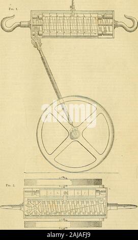 La Chronique des jardiniers et agricoles Gazette . printemps, lorsqu'il est relié toan outil dont le projet est tellement variable que celle de la charrue, le provoque à osciller d'avant en arrière dans la diapositive dans laquelle il se déplace ; et, étant tenu par aspring sur la partie supérieure des deux rollerson qui le papier est enroulé, toutes ses oscillations arerecorded sur la feuille, qui, ému par le rez-de-roues comme les chevaux d'avancer, il passesbefore continuellement. Le ressort utilisé ui cet instrument est adouble spirale, comme peut être vu dans les deux figures ; thespirals sont tordus dans des directions différentes, dans orderthat ils m.i Banque D'Images