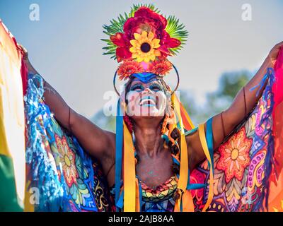 Belle femme brésilienne d'origine africaine portant des costumes colorés et souriant pendant Carnaval fête de rue à Rio de Janeiro, Brésil. Banque D'Images