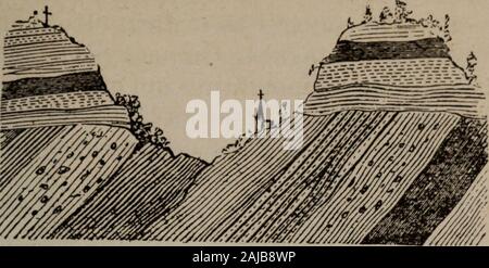 Abrégé de géologie . ides ou ces ondulations que présage certai-nes divans sédimentaires, et dans ces fentes qui ont évi-demment été causées par le dessèchement des terrains.Ce nest pas sans étonnement que lon voit conservées, surla surface de certains lits dargile, jusquaux empreintesquy ont laissées de larges gouttes de pluie. Pour ce quiest de la structure intérieure des lits, elle dépend de la na-ture des substances minérales qui les composent. Elle estdonc parfois compacte, parfois ou schisteuse, etc.cookies recipes La concordance ou la discordance des lits. - Parla vignette ci-jointe, on p Banque D'Images