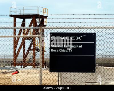 Starship numéro SpaceX à Boca Chica, Texas, est l'endroit où les passagers Elon Musk va lancer d'ici 2020. Tir d'essai de moteur SN1 le 7 janvier 2020. Vol d'un prototype de conception Starship est en construction. Le musc, espère-t-il du Starship prendra-en deux ou trois mois à partir du début de la nouvelle année. Banque D'Images