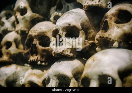 Des crânes humains des victimes des Khmers Rouges empilées dans les champs de la Mort de Choeung Ek, Phnom Penh, Cambodge. Banque D'Images