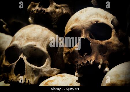 Des crânes humains des victimes des Khmers Rouges empilées dans les champs de la Mort de Choeung Ek, à Phnom Penh, Cambodge. Banque D'Images