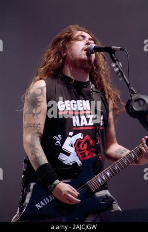 Milan en Italie, du 07-08 juillet 1994, fête de la musique live concerts onoria "1994" à l'Aquatica Park : Le chanteur du groupe Sepultura, Max Cavalera ,pendant le concert Banque D'Images