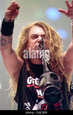 Milan en Italie, du 07-08 juillet 1994, fête de la musique live concerts onoria "1994" à l'Aquatica Park : Le chanteur du groupe Sepultura, Max Cavalera ,pendant le concert Banque D'Images