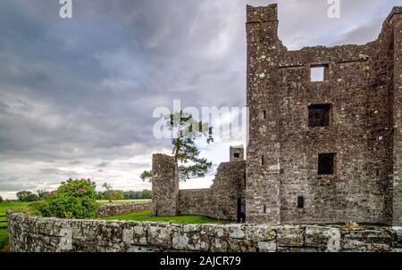 Ruines de la vieille abbaye de Bective, 12e siècle, entouré de mur. Ciel d'orage spectaculaire au coucher du soleil. Le comté de Meath, Irlande Banque D'Images