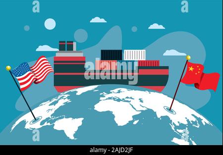 Navire marchand avec les drapeaux la Chine et les États-Unis dans le monde Illustration de Vecteur