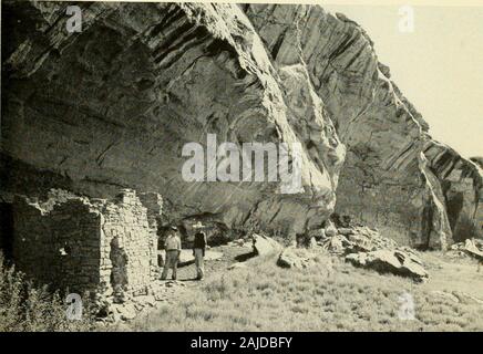 Smithsonian Miscellaneous Collections . Planche 2 Upper : Fajada Butte de Pueblo Una Vida, avec l'arrovo vaguement vu au-delà de la ruine, et à la droite, le plateau d'arbres s'étendant vers le sud en direction de Crownpoint. ( Photo-graph par Neil M. Judd, 1920) plus bas : une petite ruine dans une branche nord du Chaco Canvon entre Una Vida et WeieojSeepage a déposé une incrustation de plâtre le long de la paroi arrière de la grotte. (Photographby JNeil M. Judd, 1926.). *-"£¥ Banque D'Images