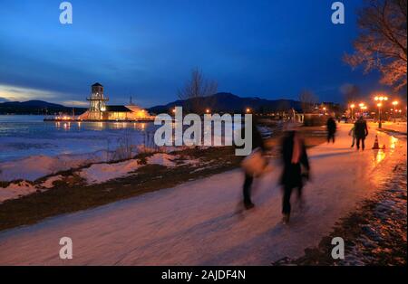 Vue nocturne du Parc de la Baie-de-Magog/Parc de la Pointe-Merry avec tour de guet à Pointe-Merry en arrière-plan dans une soirée hivernale.Magog.Estrie.Québec.Canada Banque D'Images