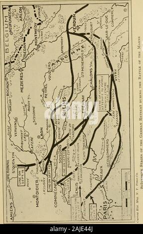 L'histoire de la grande guerre . La bataille de l'MarneFrom un croquis de l'auteur d'entre dans le temps pour éviter d'être coupé en deux. Leur ayant été obligé de droitière de l'exécuter, le centre allemand était leftunprotected maintenant, avec la victoire française et anglaise de itsflank et en danger d'obtenir derrière elle et l'attaquer en lavis. Le centre allemand, par conséquent, a dû battre en retraite, et therest de la ligne allemande, afin d'éviter le même sort, avait pour elle avec goback. Ils se retirent de nombreux milles et intrenched eux-mêmes sur les collines au nord de la rivière Aisne, qui va à l'aboutparallel à t Banque D'Images