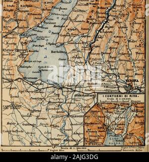 Les Alpes orientales : y compris les hautes terres bavaroises, Tyrol, Salzbourg, Styrie, Carinthie, Carniole, l'Istrie et manuel pour les voyageurs . Vereaw^*- tir 1"8T. pour Riva^ LAGO DI GARDA. VI. La route f)4. ^01 le lac. Nous avons maintenant l'approche de la Banque mondiale, à partir de laquelle E. prends le steepslopes le long de MTE. Baldo (voir p. 299). Première station Malcesine(Italia, tolérable), un bon harbonr sur la banque E., avec un ancientchateau de Charlemagne (récemment restauré), pour ébaucher une whichGoethe a failli être emprisonné comme espion. Au-delà de la roche de itrises Isoletto delV Olivo, Cassone^ et plus loin sur le Banque D'Images