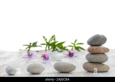 Spa still life of passiflora fleur sur pierres zen gros plan sur fond blanc Banque D'Images