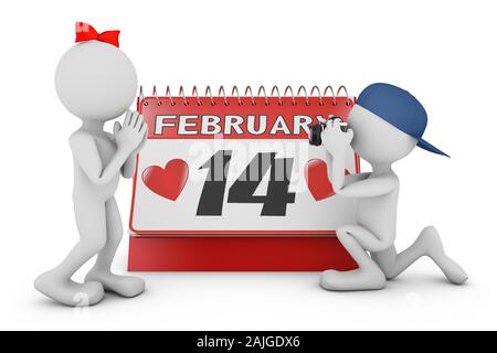 Un homme photos sur l'appareil-photo dans le contexte d'un calendrier de bureau avec la date du 14 février. 3D render.