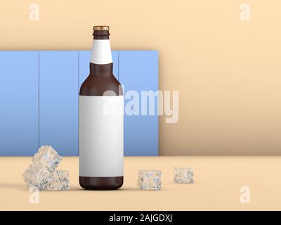 Bière bouteille avec étiquette vierge et des morceaux de glace. 3D render. Banque D'Images