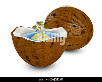 Île tropicale dans l'une des noix de coco sur un fond blanc. 3D render. Banque D'Images