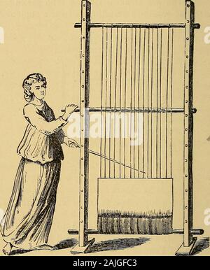 Tissage de coton : son développement, les principes et la pratique . ig. 3.-égyptien unique Weaver à tisser vertical. au Vatican, qui est censé être de l'fourthcentury, et qui appartenait à notre Monasteryof St Denis, en France, que j'ai indiqué dans mon journalon Italie, nous voyons une femme qui travaille dans une pièce d'linenor les bébés, et cette femme, qui est debout, au lieu d'ashuttle utilise un personnel à long (fig. 4). Je laisse en thoseexpert cet art de raisonner sur cette manière de travailler inlinen ou dans du tissu de laine. C'est tout simplement l'verticalloom des anciens Égyptiens que nous avons déjà s Banque D'Images