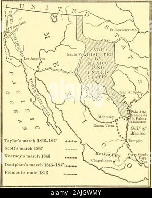 Une histoire américaine . en fixant la frontière au 49e parallèle. Conseillé pour acceptthe congrès Polk compromis, et par un traité rédigé en juin, 1846,le long conflit wasfinally^ 515 réglée.. Le MexicanWar. UponMexico tournant, l'Ameri-poubelles-démon maintenant démontré leurs talents militaires instinc-tive.Taylors innorthern campagne Mexique isone des plus bril-liant épisodes en ourmihtary annales. Il a été uniformément suc-againstgreatly conséquent numéros supérieure. Le point culminant a été l'avance ofhis acrushing la défaite des Mexicains dans thehard combat de Buena Vista, les 22 et 23 février 1847. De même remar Banque D'Images