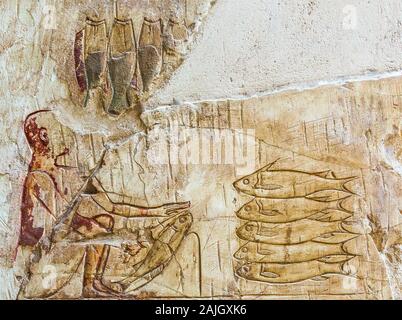 UNESCO World Heritage, Thèbes en Egypte, Assassif (partie de la vallée des Nobles), tombe de Pabasa. Scène de la vie quotidienne : l'échelle et l'éviscération des poissons. Banque D'Images