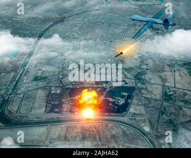 Drone américain attaque du convoi du général iranien Qassem Soleimani, 3D render. L'aéroport de Bagdad, Iraq. Banque D'Images