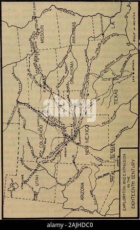 Histoire et gouvernement du Nouveau Mexique . yled Caballerode s, El croix sur sa tâche avec une vigueur digne d'theearlier jours. 101. Première tentative de communication avec la Californie. -En juillet 1776, l'année même de l'organisation des Provinces theInterior, Pères Escalante (es-ka-lanta) andDominguez définis à partir de Santa Fe avec huit companionsto trouver une piste vers les nouvelles missions à Monterey (Californie).Ils sont allés au nord-ouest de la vallée du Chama. byAbiquiu (A-be-ku), à travers la partie supérieure du bassin de San Juan,à travers le sud-ouest du Colorado, de l'autre côté de la rivière pour andGrand vert dans le centre-nord de l'Utah Lake Ut Banque D'Images